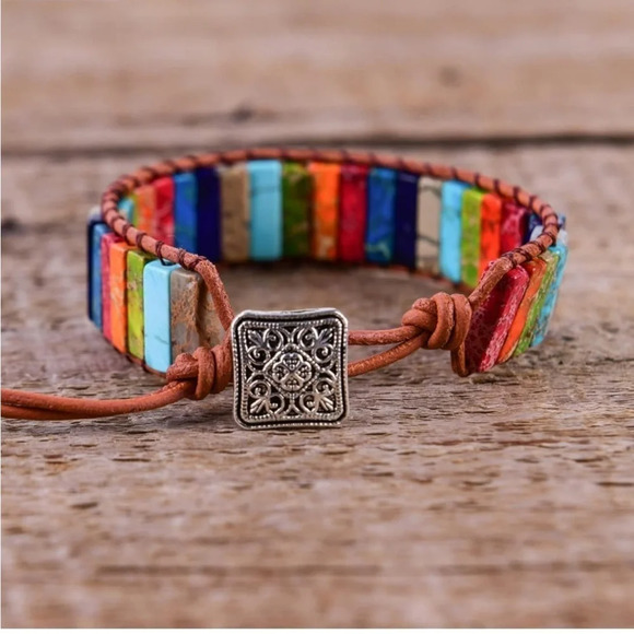 Handmade Bohemian Multi Colored stone leather bracelet. - Picture 5 of 9
